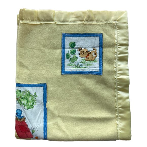 Vintage Hand Crafted Yellow Baby Blanket Animal Appliques Satin Edge Floor Time - Picture 4 of 16
